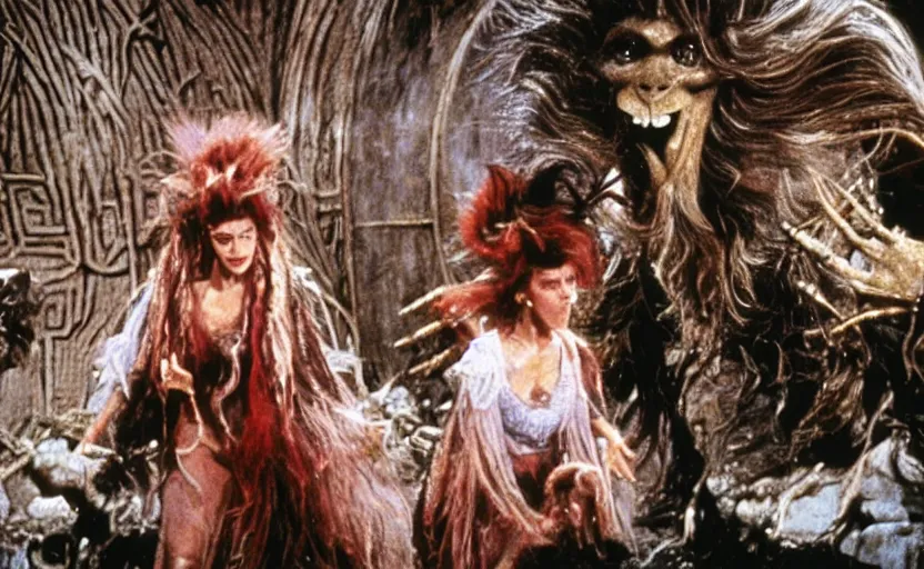 Prompt: movie still from the 1 9 8 8 sequel to labyrinth by jim henson's creature shop starring realistic practical - effects wondrous creatures and humanoid aliens in a maze - like steampunk fortress on the moon. fantasy adventure.