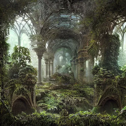 Prompt: ancient magical overgrown ruins, mysetrious etherial mesmerizing atmosphere, extremely intricate, midnight, hyper detailed, hd, masterpiece