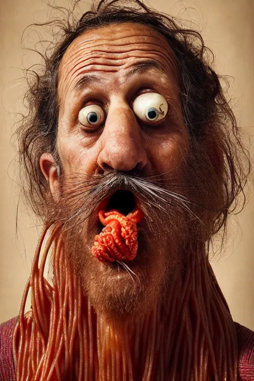 Image similar to extremely detailed portrait of old italian cook, spaghetti mustache, slurping spaghetti, spaghetti in the nostrils, spaghetti hair, spaghetti beard, huge surprised eyes, shocked expression, scarf made from spaghetti, full frame, award winning photo by jimmy nelson