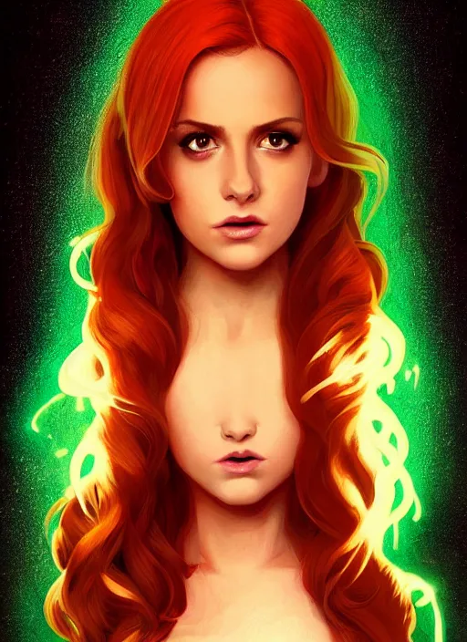 Image similar to full body portrait of teenage cheryl blossom, bangs, green eyes, mischievous expression, red hair, sultry smirk, bangs and wavy hair, intricate, elegant, glowing lights, highly detailed, digital painting, artstation, concept art, smooth, sharp focus, illustration, art by wlop, mars ravelo and greg rutkowski