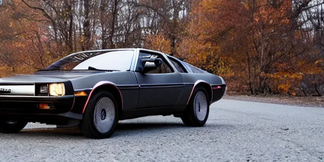 Image similar to a single delorean and 1 9 6 9 dodge charger hybrid, dslr