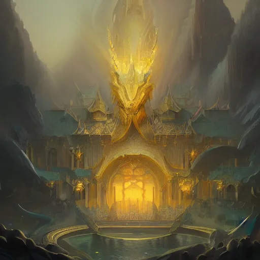 Image similar to grand palace of a great gold dragon by peter mohrbacher, matte painting, 8K, concept art, mystical color scheme, trending on artstation