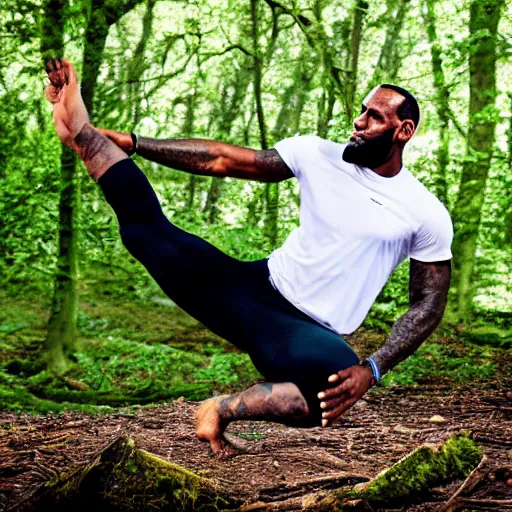 Image similar to lebron james doing yoga in the forest, ( eos 5 ds r, iso 1 0 0, f / 8, 1 / 1 2 5, 8 4 mm, postprocessed, crisp face, facial features )