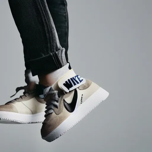 Image similar to a studio photoshoot of Nike sneakers designed by Virgil Abloh, leather and suede, Off-White, realistic, color film photography by Tlyer Mitchell, 35 mm, graflex