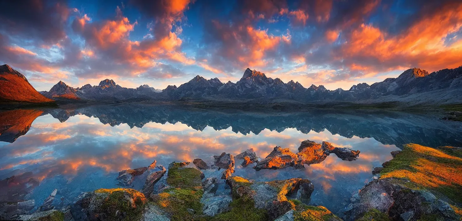 Image similar to amazing landscape photo of mountains with lake in sunset by marc adamus, beautiful dramatic lighting