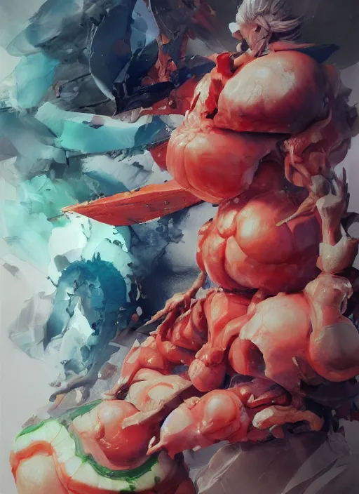 Image similar to semi reallistic gouache gesture painting, by yoshitaka amano, by ruan jia, by Conrad roset, by dofus online artists, detailed anime 3d render watermelon monster, watermelon terrible monster, antrophomorfic watermelon, portrait, cgsociety, artstation, rococo mechanical, Digital reality, sf5 ink style, dieselpunk atmosphere, gesture drawn