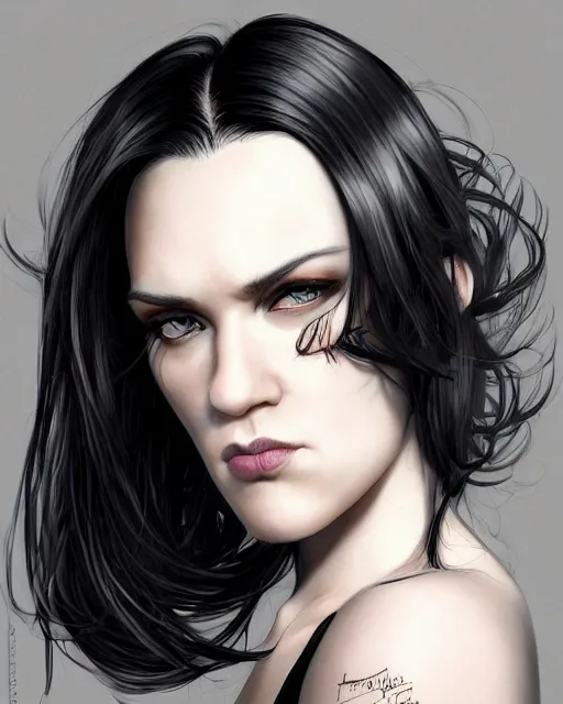 Image similar to portrait of a tall 4 0 - year - old woman with thin lips, heavy - lidded eyes, a strong jaw and long, thick shining black hair, thick eyebrows and long eyelashes, wearing in black clothes, hyper realistic face, beautiful eyes, character art, art by mark brooks, hyperdetailed, cryengine, trending on artstation, digital art