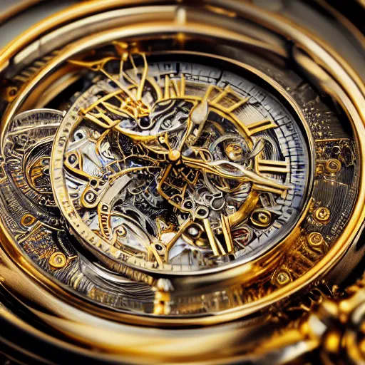 Image similar to a macro photo of a gold and silver mechanical pocketwatch, close - up, intricately detailed engravings, intricately detailed markings, intricate textures, warm lighting, vivid colors, realistic octane render, hyper realistic render, volumetric shading, depth of field, raytracing, 8 k,