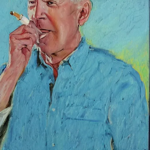 Image similar to oil painting of joe biden smoking a cigar, bright, pastel turquoise background, impressionist colors