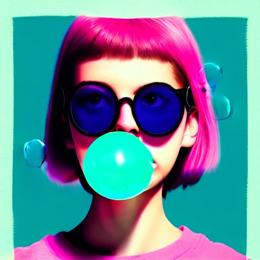 Prompt: illustration of cool bored female teenager wearing the coolest sunglasses ever, chewing gum bubble, popart by beeple