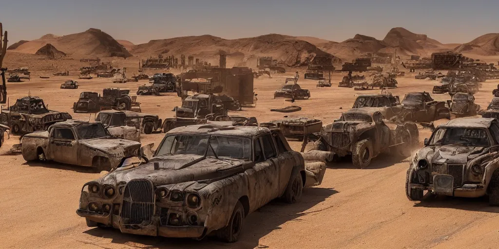 Prompt: mad max inspired vehicle convoy driving through abandoned city square with desert vegetation all around, panorama