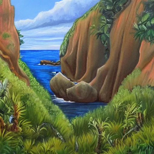 Image similar to painting of a lush natural scene on an alien planet by emma webster. beautiful landscape. weird vegetation. cliffs and water.