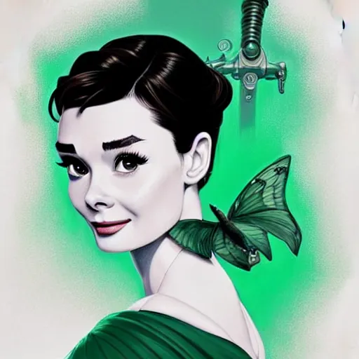 Image similar to in the style of joshua middleton, beautiful audrey hepburn, aquapunk, bioshock, full body green dress, elegant pose, spooky, symmetrical face symmetrical eyes, three point lighting, detailed realistic eyes, insanely detailed and intricate elegant, artgerm, underwater home