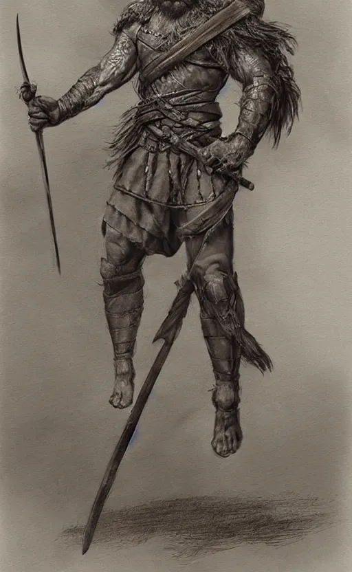 Prompt: renaissance full body portrait of a gruff ranger with a spear, lean and toned, handsome face, hairy chest and hairy body, D&D, intricate, elegant, highly detailed, digital painting, artstation, concept art, matte, sharp focus, chiaroscuro, well list, sharp detail, illustration, art by Da Vinci, Artgerm and Greg Rutkowski and Alphonse Mucha