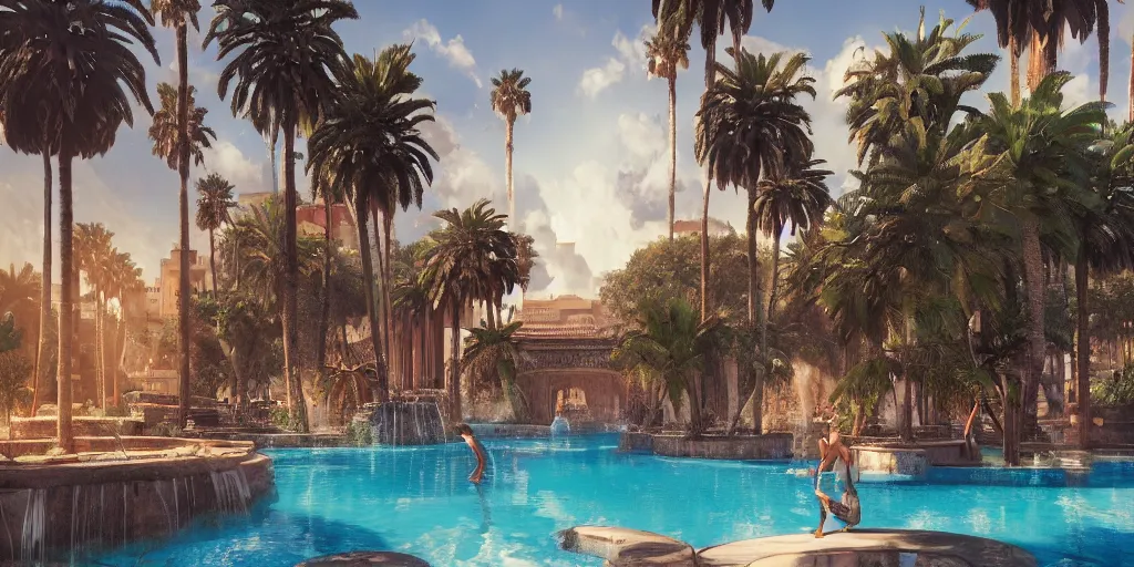 Image similar to beautiful pool waterfalls surrounded by palm trees, moroccan tile archways, industrial buildings, rusty metal towers, sun setting, ross tran, fantasy, james jean, peter morbacher, angelarium, alchemy, luxury, heavenly light, soft illumination, trending on artstation, cinematic lighting, digital painting, octane render, artgerm