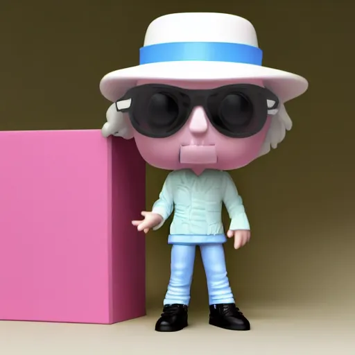 Image similar to a funko pop of jimmy saville. vray render. pastel colour background