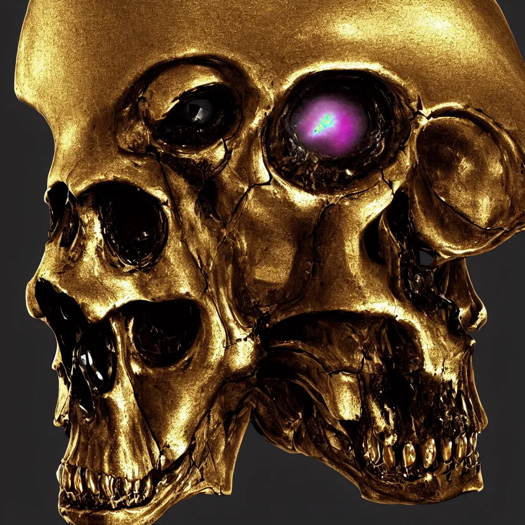 Prompt: Photorealistic epic egyptian god face close up portrait human skull, ram skull, jackal skull, gold, gemstones, gems, jewels, lens flare. ominous, ancient magic, scary intricate artwork by Tooth Wu and beeple and Giger. octane render, trending on artstation, very coherent symmetrical artwork. cinematic, hyper realism, high detail, octane render, 8k