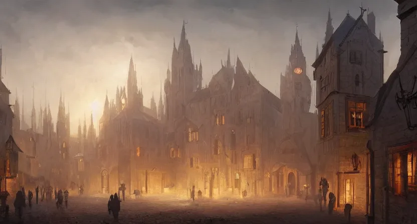 Prompt: A digital concept art painting of a medieval european town in a strange alternate dimension, full of candle-lit windows floating in air, hooded figures, golden hour, by Greg Rutkowski, trending on Artstation