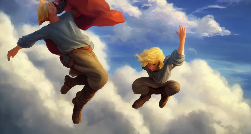 Prompt: a young blonde boy fantasy thief flying through the clouds, andreas rocha style