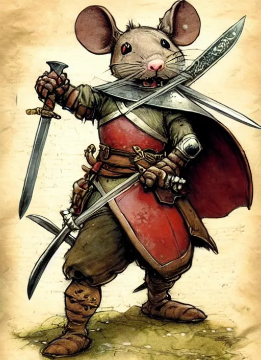 Image similar to a heroic mouse knight with sword and shield on a parchment background, redwall, jean baptiste monge, detailed, epic fantasy concept art