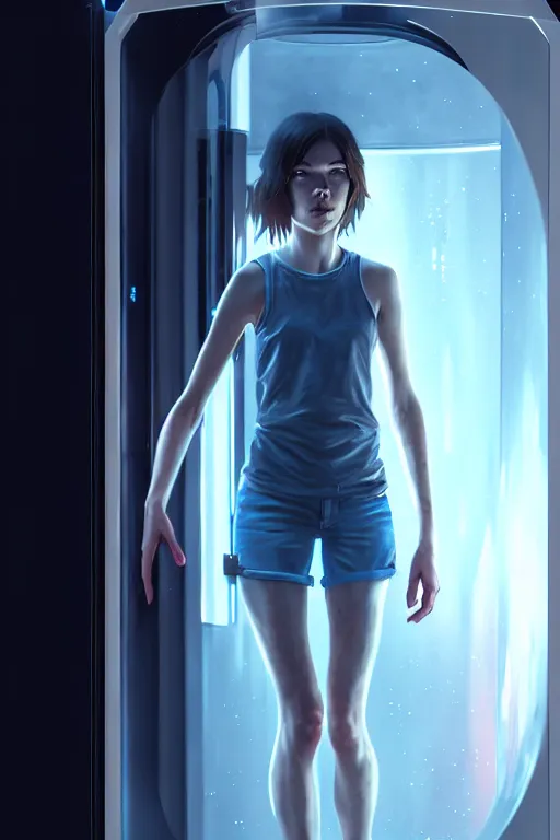 Prompt: a young, slender girl, girl in cryocapsule container, photo realistic, dynamic lighting, artstation, poster, volumetric lighting, 4 k, award winning, in the style of greg rutkowski, intricate, hyperdetalized, smooth, cyberpunk, tech