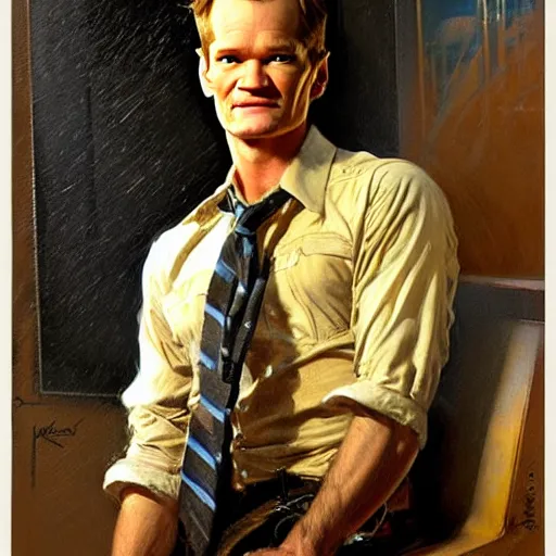 Image similar to neil patrick harris is a railroad worker, painting by gaston bussiere, craig mullins, j. c. leyendecker, tom of finland