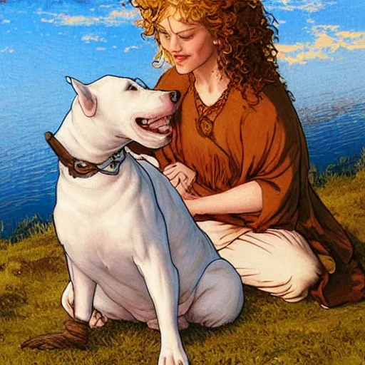 Prompt: pretty girl with curly blonde hair sits next to her white pitbull, sitting on a riverbank watching the sunset, painting by rebecca guay