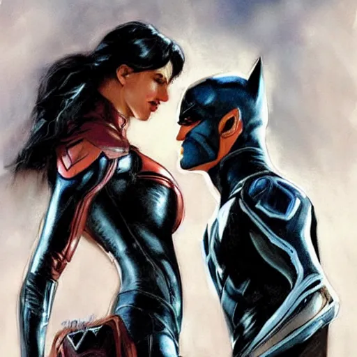 Image similar to close up of nightwing and bat girl kissing in full leather armor, cinematographic shot, by daniel f. gerhartz