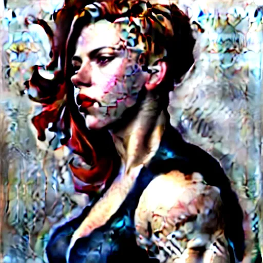 Image similar to greg manchess portrait of scarlett johansson as thick very muscular gothic weightlifter zarya from overwatch with short red hair and black lipstick, fantasy medium shot, asymmetrical, profile picture, organic painting, sunny day, matte painting, bold shapes, hard edges, street art, trending on artstation, by huang guangjian and gil elvgren and sachin teng