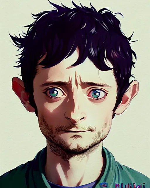 Image similar to portrait Anime joyful happy Elijah Wood playing Hobbit Frodo Baggins || cute-fine-face, pretty face, realistic shaded Perfect face, fine details. Anime. realistic shaded lighting by Ilya Kuvshinov katsuhiro otomo ghost-in-the-shell, magali villeneuve, artgerm, Jeremy Lipkin and Michael Garmash and Rob Rey