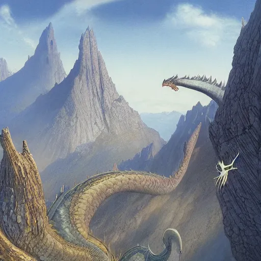 Prompt: dragons circling a tall mountain spire, by john howe