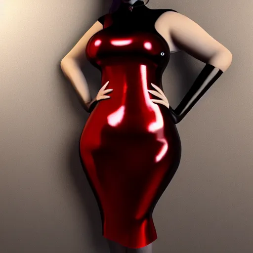 Image similar to curvy feminine hot goth woman with elegant red-black elegantly patterened latex dress, sequins, cgsociety, photorealistic, sublime ambience, 16k, smooth, sharp focus, trending on ArtStation, volumetric lighting, fully clothed, worksafe