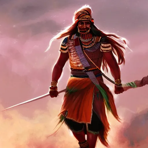 Image similar to indian warrior charging from the side, artstation