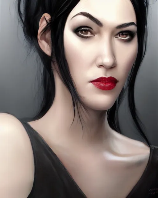 Prompt: portrait of a tall 4 0 - year - old woman, very!!! thin!!! lips, long, lush unkempt black hair, and thick eyebrows, wearing in black clothes, hyper realistic face, beautiful eyes, character art, art by mark brooks, hyperdetailed, cryengine, trending on artstation, digital art