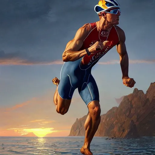 Image similar to a triathlete finishing ironman race, tired!!, dynamic action pose, intricate, highly detailed, digital painting, artstation, concept art, smooth, sharp focus, illustration, unreal engine 5, 8 k, art by artgerm and greg rutkowski and alphonse mucha