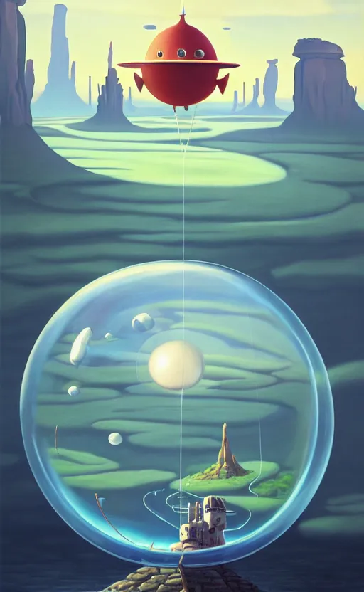 Image similar to a scary hyperrealist painting of a rocketship in a giant transparent cubic bubble from howl's moving castle ( 2 0 0 4 ) in a flooded monument valley stonehenge jungle. depth perception, 4 k, artstation, in the style of studio ghibli