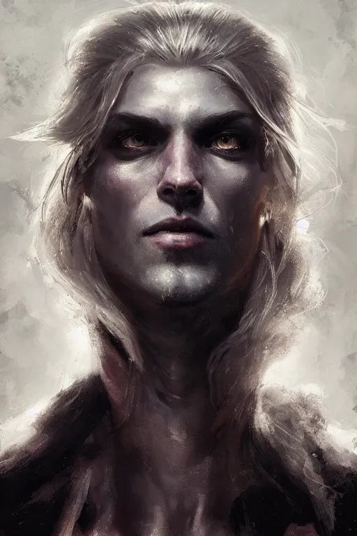 Image similar to a fancy portrait of a toned male half human half mechanical with long white hair by greg rutkowski, sung choi, mitchell mohrhauser, maciej kuciara, johnson ting, maxim verehin, peter konig, bloodborne, 8 k photorealistic, cinematic lighting, hd, high details, dramatic, dark atmosphere, trending on artstation