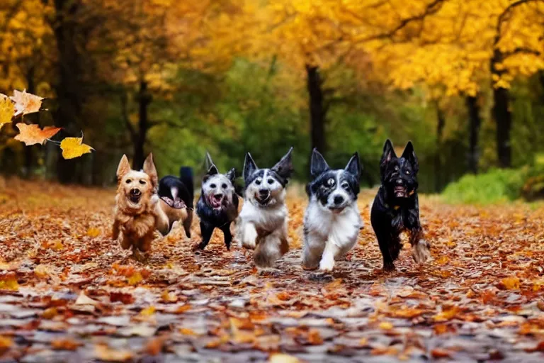 Image similar to dogs running through autumn leaves towards the camera