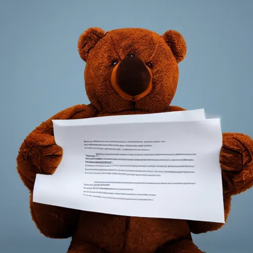 Prompt: teddy bear looking at his termination letter, screaming at it in silence,