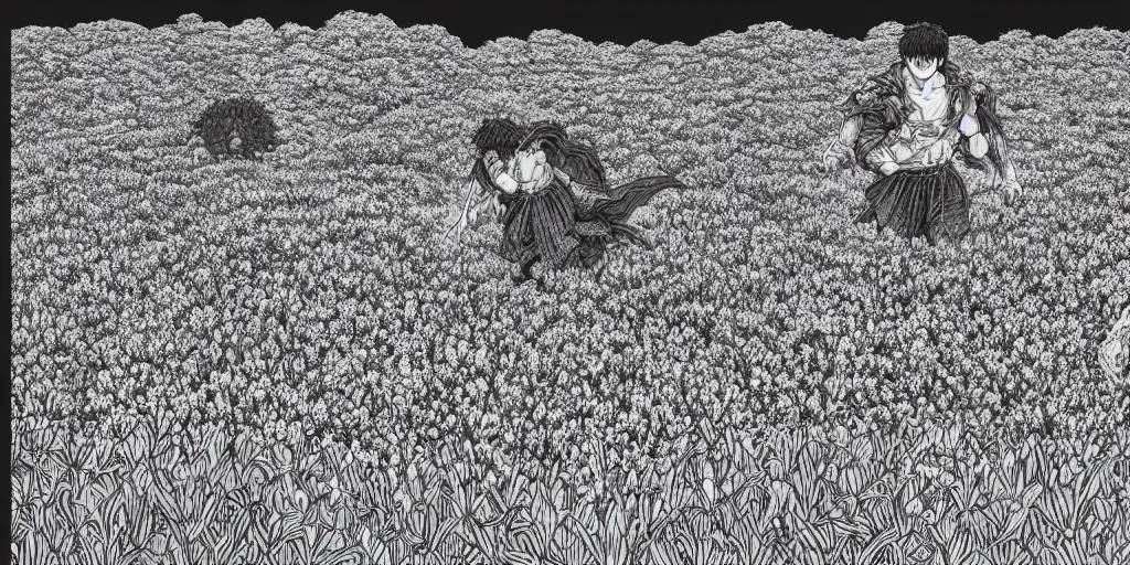 Image similar to Guts in a serene flower field by Kentaro Miura, highly detailed, black and white