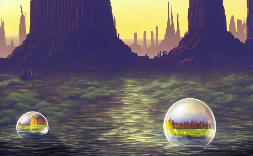 Prompt: a scary hyperrealist painting of new york city inside a giant transparent forcefield crystal ball from howl's moving castle ( 2 0 0 4 ) in a flooded monument valley stonehenge jungle. depth perception, 4 k, artstation, in the style of studio ghibli