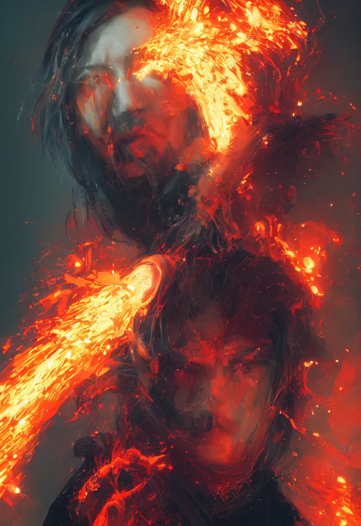 Image similar to a fancy portrait of a very mad mage covered in coloured flames by greg rutkowski, sung choi, mitchell mohrhauser, maciej kuciara, johnson ting, maxim verehin, peter konig, 8 k photorealistic, cinematic lighting, hd, high details,