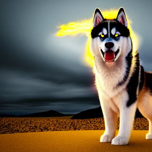 Prompt: a husky has yellow fur and a yellow tongue. the whole husky is visible in frame. polar background, ominous sky, fireball meteorite crashing. octane render, extreme detail, super symmetrical photograph, 4 k