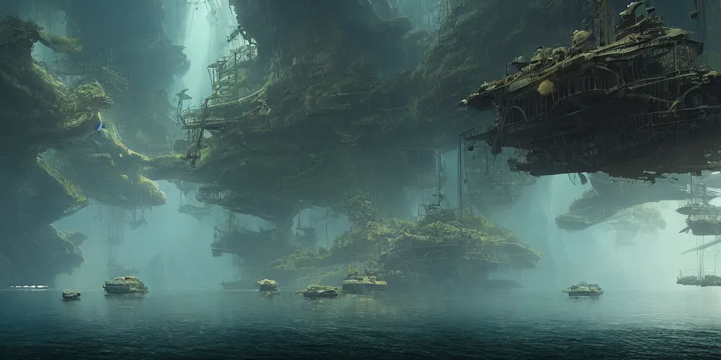 Prompt: screenshot from a movie, epic matte painting of the under water jungle of the damned, cinematic cinematography masterpiece, greg rutkowski, and ivan aivazovski, roger deakins