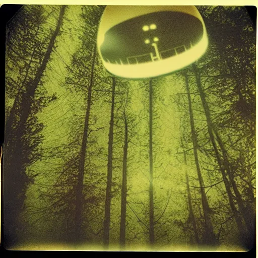 Image similar to a ufo with glowing lights flying over a forest at night, old polaroid, expired film,