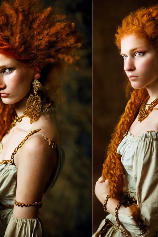 Image similar to 18th Century Barbary Coast pirate beautiful female model with amazing Ginger hair and Golden hooped earrings photography by Steve McCurry