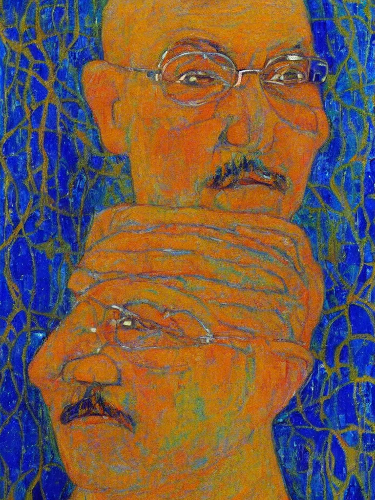 Prompt: a beautiful portrait painting of Mohandas Karamchand Gandhi! in front of the whole world united in the art style of Gustav Klimt, impasto oil painting, blue and golden color scheme