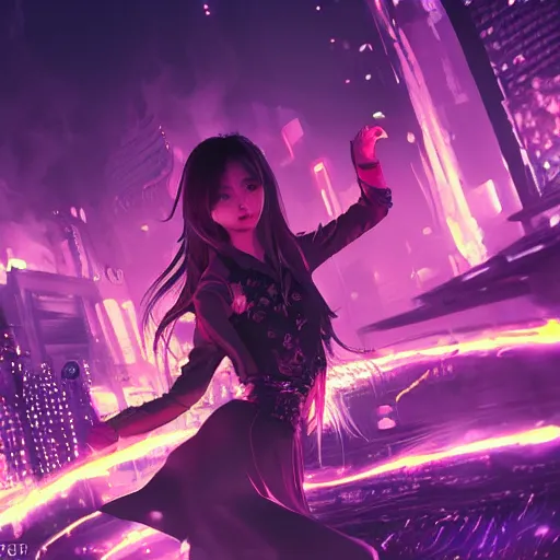 Image similar to a girl like yoona, casting fire spell, background cyberpunk city, full shot, photo, geometries, fibonacci volumetric lighting, epic composition, intricate details, dark neon punk, by KDA