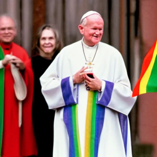 Image similar to John Paul II wearing a lgbt colored robe