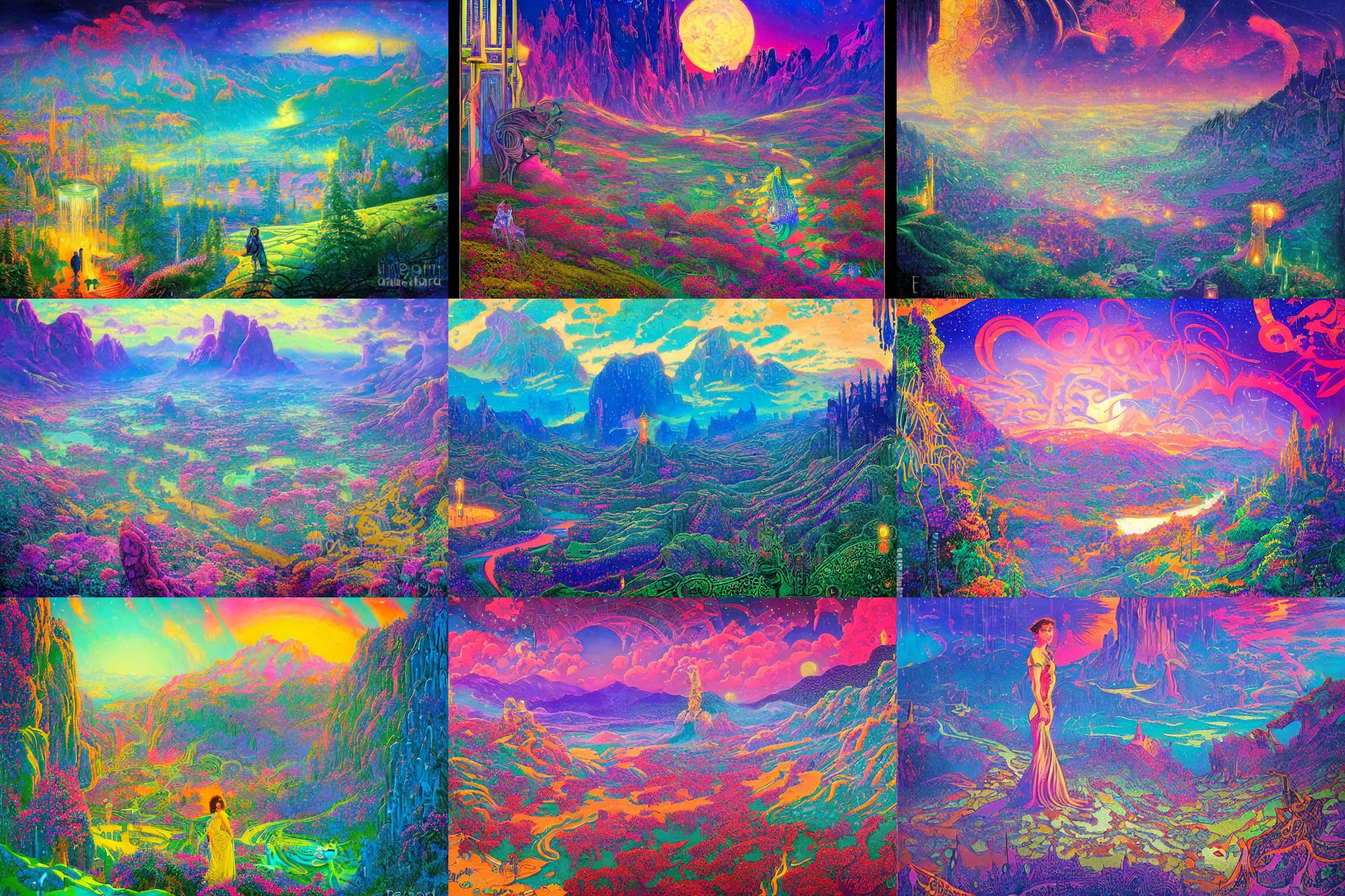 Prompt: The valley of forgotten hopes and dreams, a fantasy sci-fi dreamworld painting in neon geometric inks, art nouveau by Terese Edvard Guay Kinkade